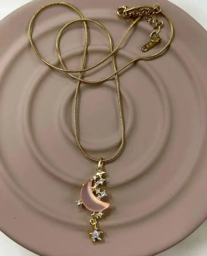 Romantik Pembe Ay Yıldız Gold Kolye