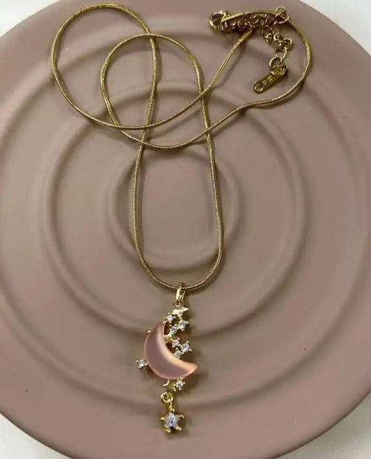 Romantik Pembe Ay Yıldız Gold Kolye