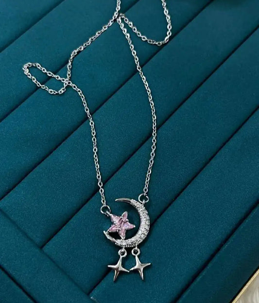 Pembe Yıldızlı Ay Kolye