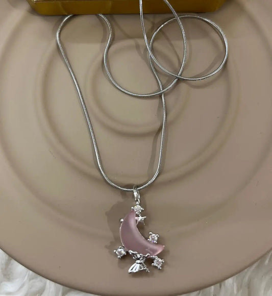 Çelik Pembe Ay ve Yıldız Detaylı Kolye
