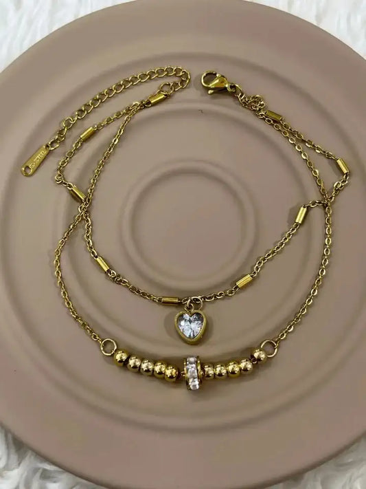 Çelik Gold Çift Katlı Boncuklu ve Kalp Taşlı Halhal