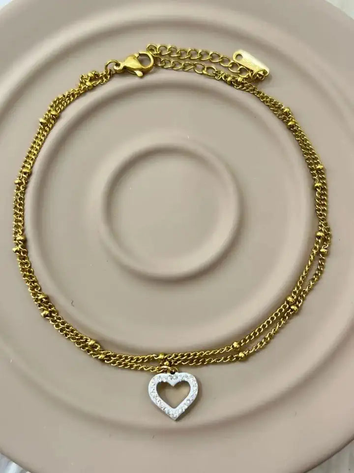 Çelik Gold Çift Katlı Taşlı Kalp Halhal