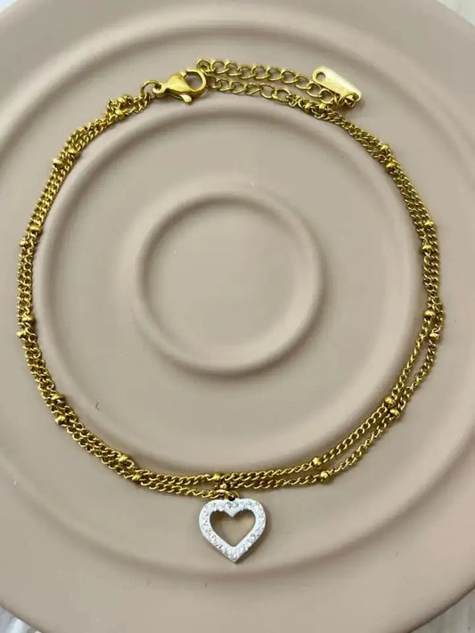 Çelik Gold Çift Katlı Taşlı Kalp Halhal