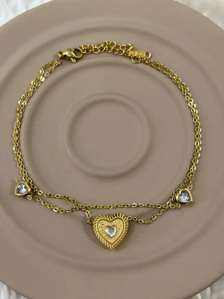 Çelik Gold Kalpli Taşlı İki Sıralı Halhal