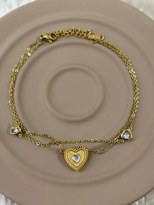 Çelik Gold Kalpli Taşlı İki Sıralı Halhal