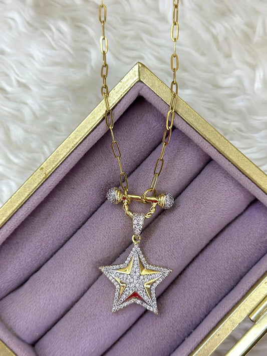 VIP Beş Köşeli Yıldız Taşlı Kolye Gold