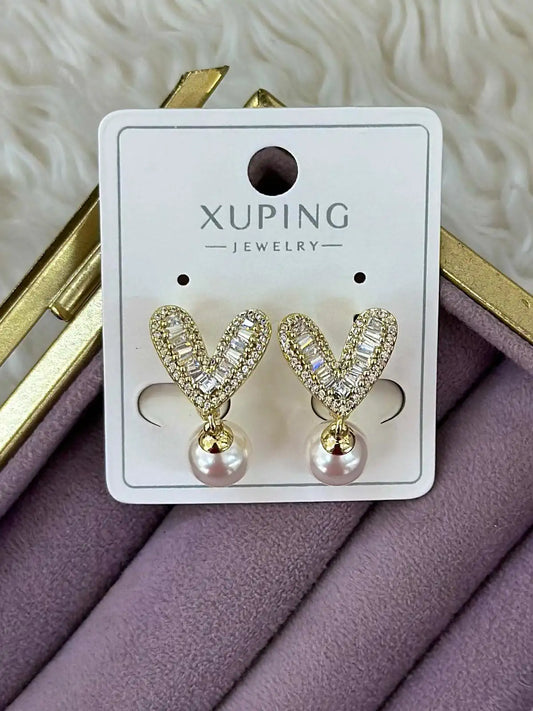 İnci ve Zirkon Taşlı Kalp Model Küpe